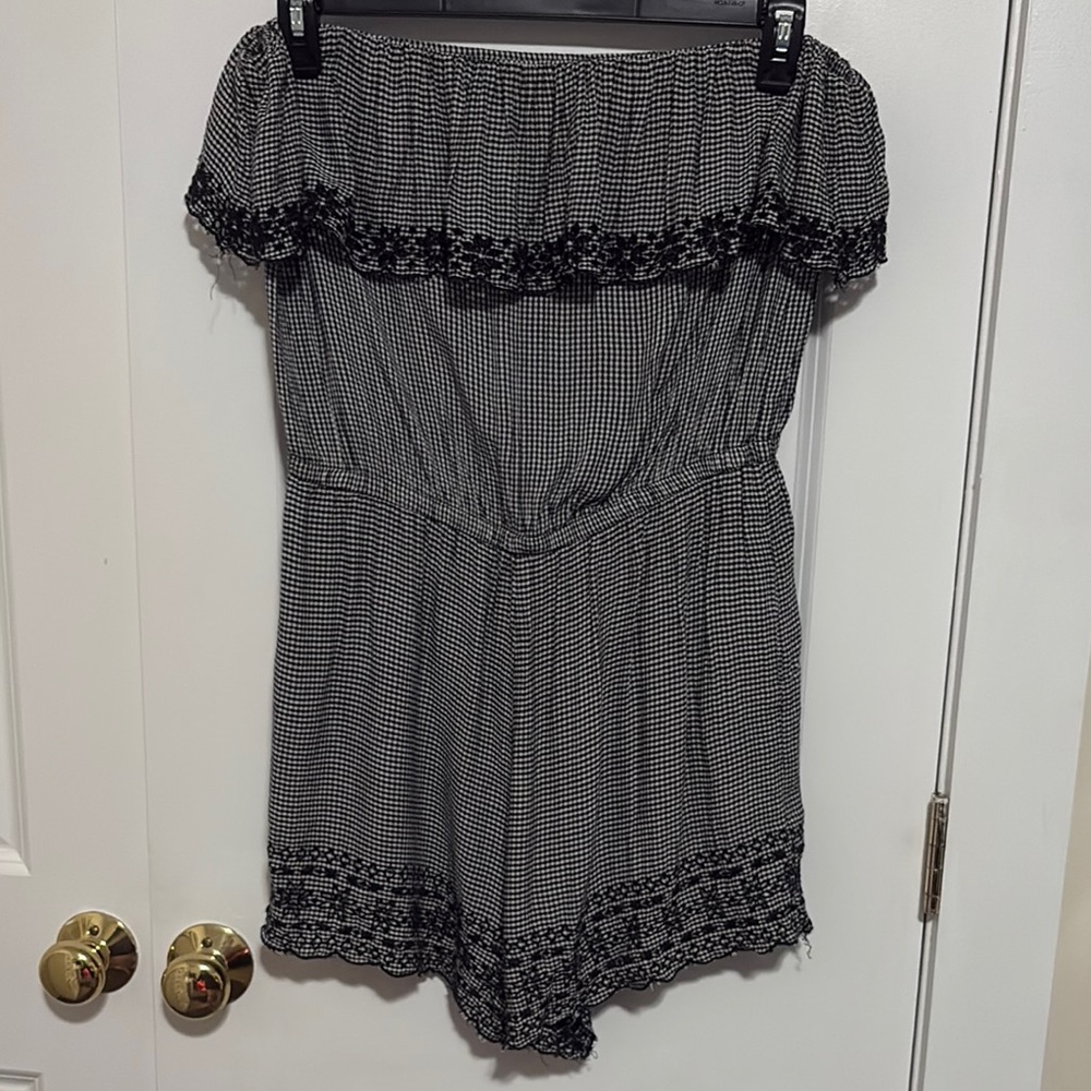 AE Black and White Gingham Strapless Romper